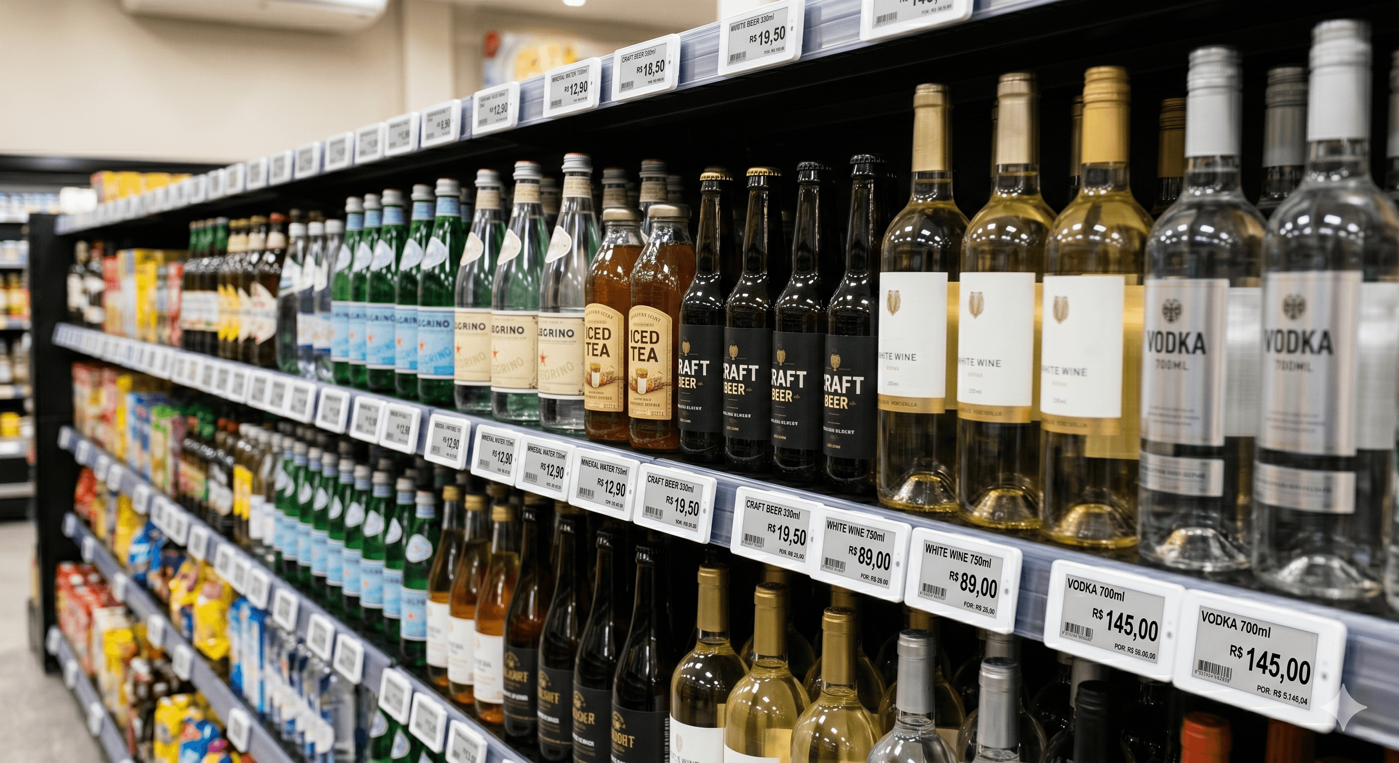Etiquetas eletrônicas AGTag aplicadas em prateleira de bebidas e destilados